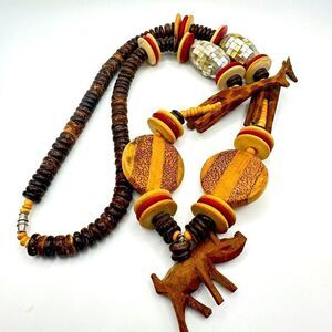 SALE! 28" African safari carved wood animals and bead necklace!